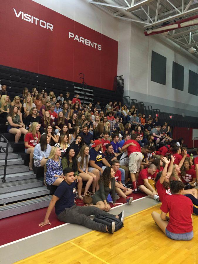 The+Senior+Class+sits+in+wait+for+their+last+first+day+of+school+pep+rally.+The+pep+rally+had+lots+of+games+for+the+students+to+participate+in.
