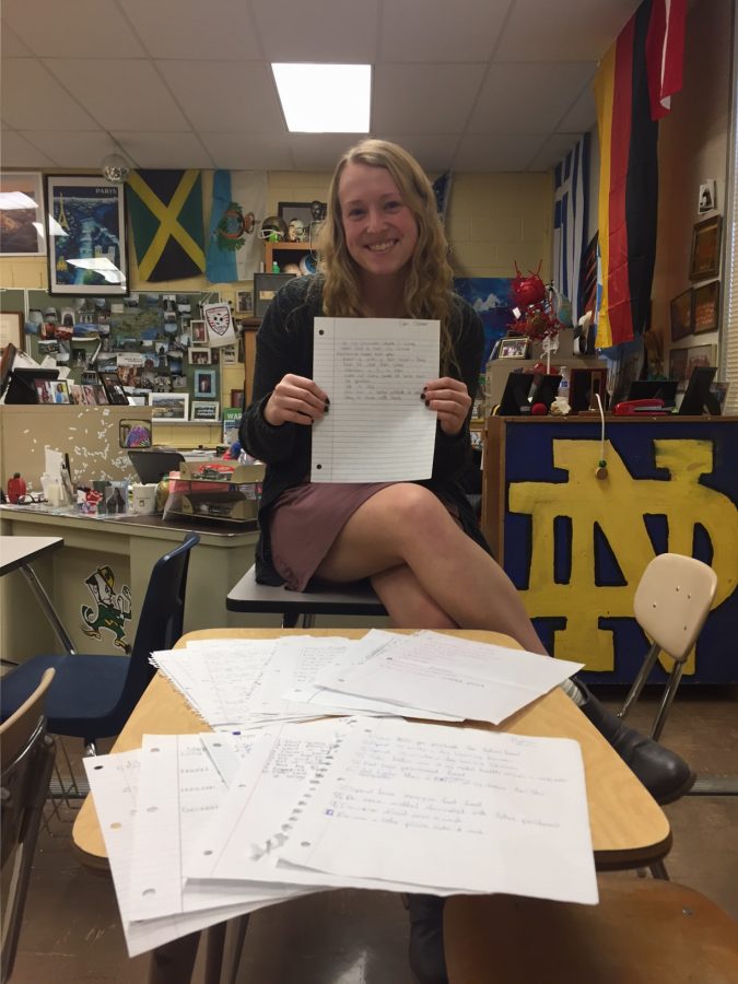 Senior Eden Slimmer holds up her ten resolutions. After winter break, AP Psychology students were required to write down and share ten of their goals with the class. Sharing your goals is proven to be more beneficial in accomplishing them.