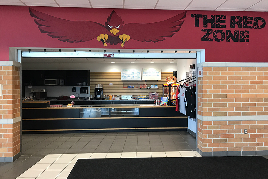 The Red Zones storefront. The Red Zone is located in the commons next to the Kohler Credit Union branch.