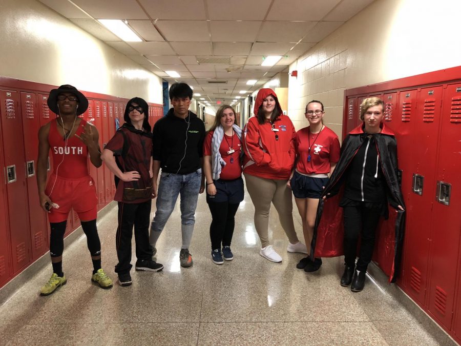 Student dressed up at South High for Halloween today. Juniors Phillip Clavelle, Dalton Ritchie, Trong Nguyen, Jasmine Gabrish, Lacy Jolitz, Rosemarie Sieckman, and Kimberly Koch show off their Halloween costumes and face paintings. 