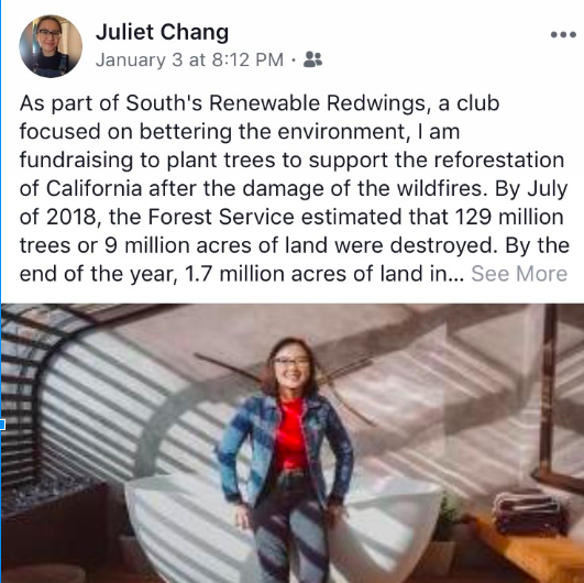 Pictured here is a link shared from Juliet Chang’s Facebook page which has received multiple shares and likes, asking for any donations towards the one tree planted fundraiser. So far, Juliet has raised $206 for her fundraiser. This just comes to show that members of the Renewable Redwings do not mind taking action into their own personal life to help out the environment.