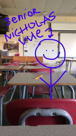 There is an ongoing joke about how Senior Nicholas Vue never comes to school so this stick figure drawing is standing, more so sitting, in his place. 
