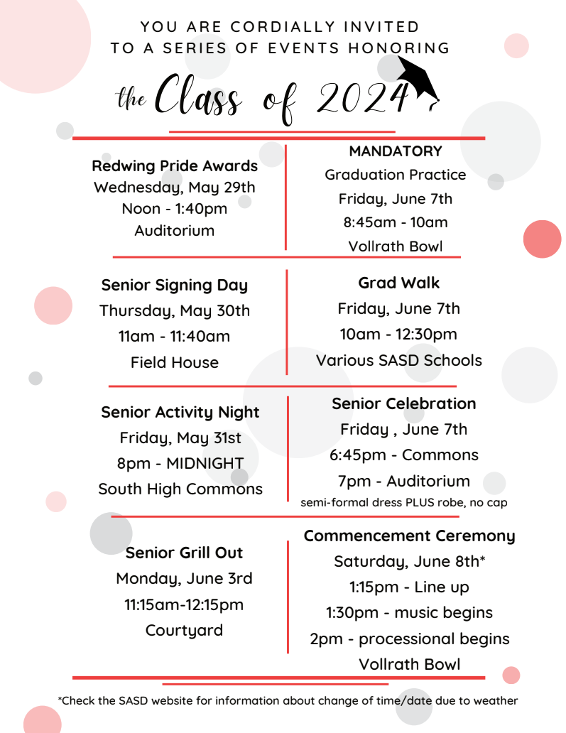 End of the year Senior events, provided from Skyward.
